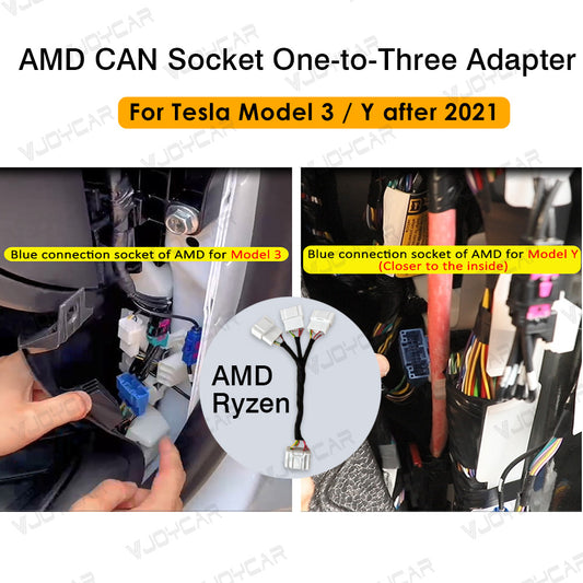 VJOYCAR AMD CAN Cable Socket 1to3 One to Three Plug Adapter Right Front Door A-pillar Trim For Tesla Model 3 Model Y OBD Splitter