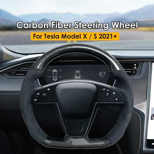 Round Carbon Fiber Steering Wheel Round Handle Bar for Tesla Model X Model S 2021+