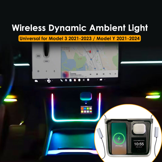 Wireless Earphone Charging Dynamic Ambient Light Footwell Lamp Date Time Display Free Installation For Tesla Model Y 3