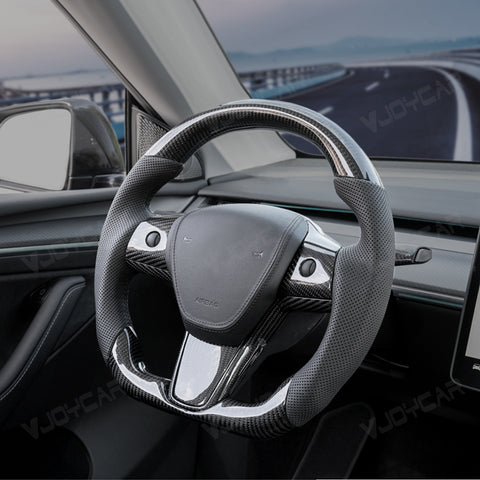 Carbon Fiber Steering Wheel Round Handle for Tesla Model 3 Model Y