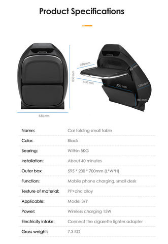 Mesa plegable para asiento trasero de coche para Tesla Model Y Model 3, accesorios, teléfono inalámbrico, carga rápida de 15 W