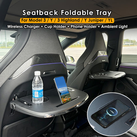 For Tesla Model 3 Y YL Seatback Foldable Table Tray Wireless Charger Phone Slot Cup Holder Blue Ambient Light
