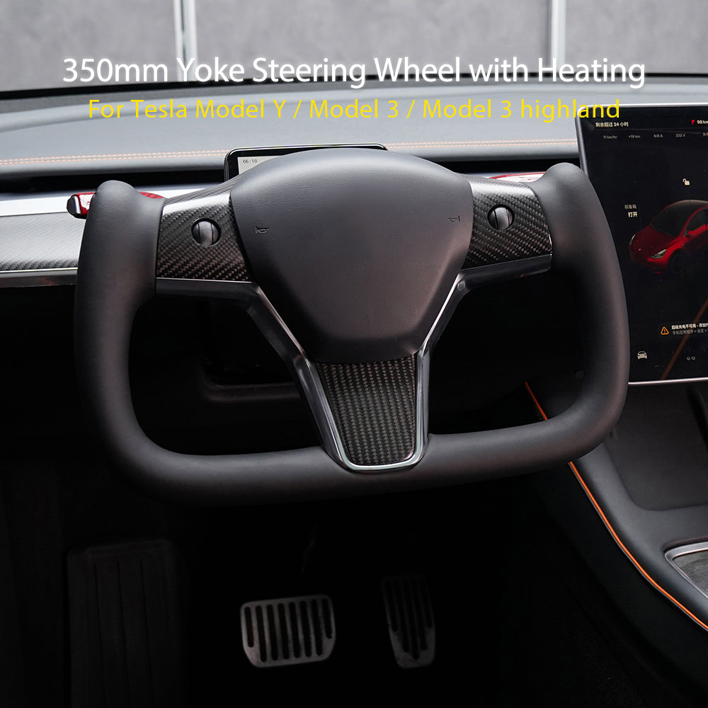 For Tesla Model 3 Model Y 350mm Yoke Steering Wheel Handle Retrofit Heating Custom Racing Leather Carbon Fiber