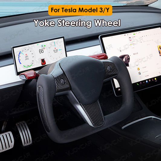 For Tesla Model 3 Model Y 350mm Yoke Steering Wheel Handle Retrofit Heating Custom Racing Leather Carbon Fiber
