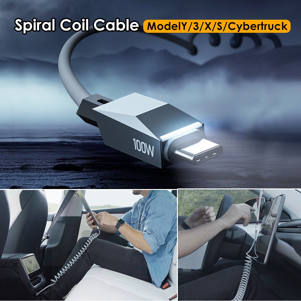 Magnet Type-C Lightning Charging Port Spiral Coil Cable for ModelY/3/x/S/Cybertruck Rear Display