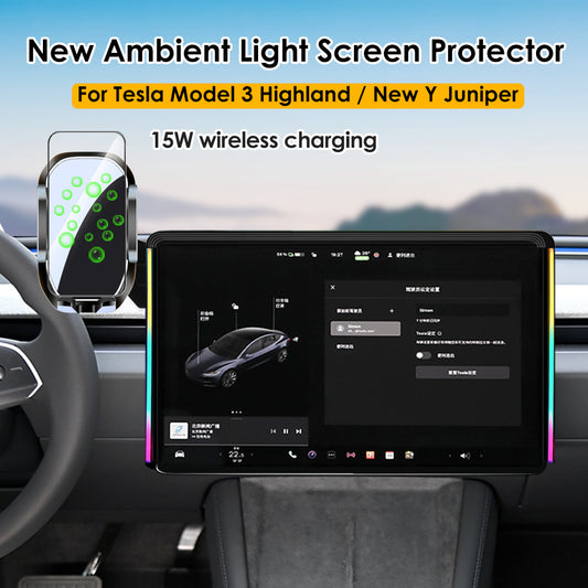 For Tesla Model 3 Highland Model Y Juniper New Central Screen Protection Ambient Light Wireless Phone Charger Phone Holder