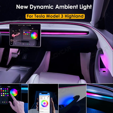 New Ambient Light for Tesla Model 3 Highland Dynamic Atmosphere Light Kit Door Grab Breathing Lamp Air-vent Stream Seat Back LED