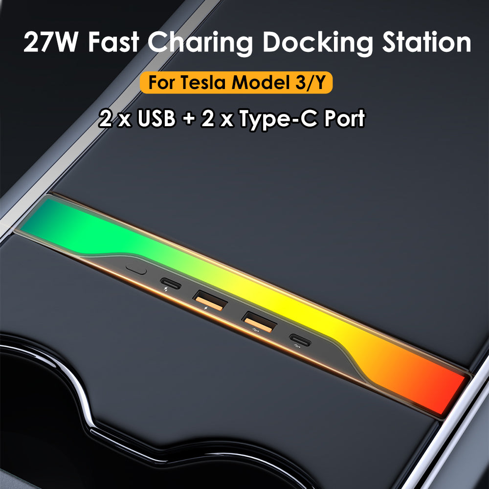 For Tesla Model Y Model 3 USB Hub 4-Port 27W Fast Charger Smart Docking Station