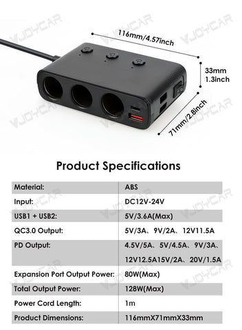 For Tesla Model 3 Model Y New 1 to 3 Car Charger Splitter Cigarette Lighter Adapter Car Cigarette Lighter Socket Splitter with Switch
