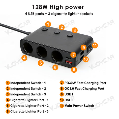 For Tesla Model 3 Model Y New 1 to 3 Car Charger Splitter Cigarette Lighter Adapter Car Cigarette Lighter Socket Splitter with Switch
