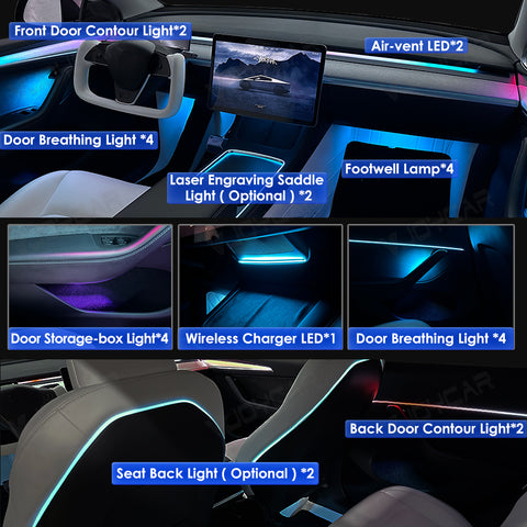 Newest Ambient Light Kit for Tesla Model 3 Y Dynamic Atmosphere Light Door Grab Breathing Lamp Air-vent Stream Seat Back LED