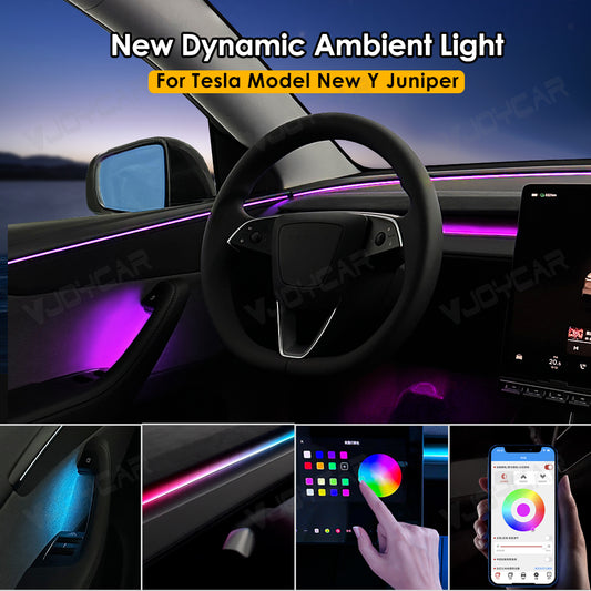 for New Tesla Model Y Juniper Dynamic Ambient Light Atmosphere Lighting Kit Door Grab Breathing Lamp Air-vent Stream Seat Back APP Control
