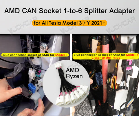 OBD AMD CAN Cable Socket 1 to 6 Splitter Plug Adapter Right Front Door A-pillar Trim Under Rear Conditioner For Tesla Model 3 Model Y
