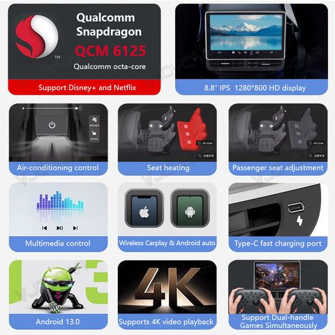 VJOYCAR 8.8inch 4K HD Rear Display for Tesla Model Y 3 WIFI Entertainment Screen Qualcomm Chip Adjustable 4-Direction Airlet