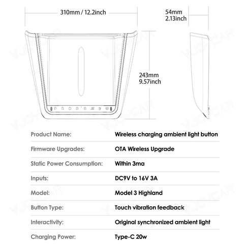 for Tesla Model 3 Highland Center Console Command Button With LED Lights Type-C Fast Charger